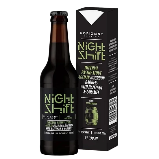 Horizont Night Shift Vintage 2024 Stout bourbon hordóban mogyoróval és karamellel 11,8% 330ml DRS